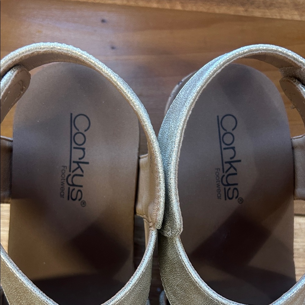 Corkys Metallic Gold Crisscross Cork Wedge Sandals - Picture 5 of 5
